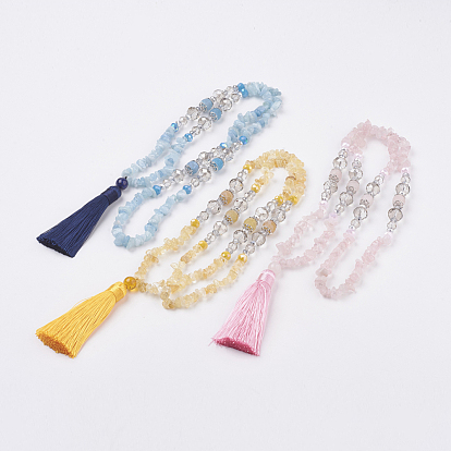 Stretch Polyester Tassel Tassels Pendant Necklaces, with Natural Gemstone and Glass Beads, with Burlap Paking Pouches Drawstring Bags