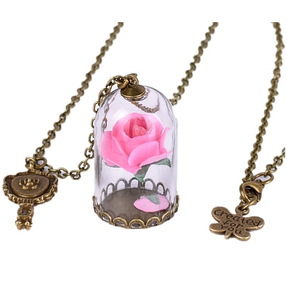 Butterfly & Key & Glass Dried Flower Wishing Bottle Pendant Necklace, with Antique Bronze Alloy Cable Chains