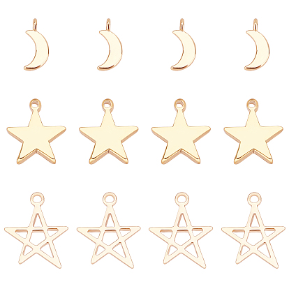 36Pcs 3 Style Brass Pendants, Loops, Star & Moon & Hollow Star