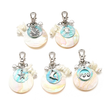 Подвесные украшения из натуральных пресноводных ракушек, с подвесками из сплава морских животных и натуральными белыми ракушечными бусинами и подвесками из ракушек капиз, плоско-круглые