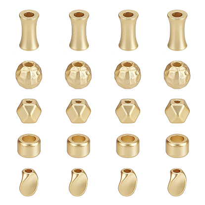 20Pcs 5 Style Brass Beads, Long-Lasting Plated, Matte Style, Bamboo Stick & Rondelle & Round & Twist Oval & Star Cut Round