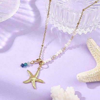 Collares con colgantes de acero inoxidable y piedras preciosas naturales mixtas., encantos de estrellas de mar, perla de agua dulce cultivada natural de patata, dorado