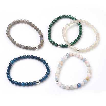 Perles de pierres précieuses naturelles s'étendent bracelets, avec des perles d'argent sterling 925, ronde, des boîtes en carton, argenterie