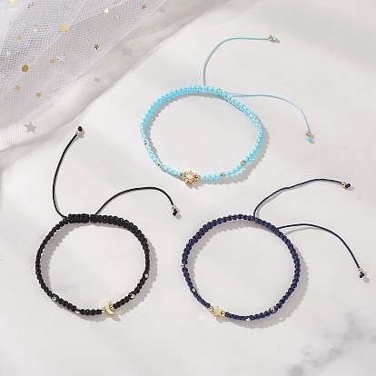 3шт. латунные бусины, плетеные браслеты из бусин для женщин, солнце и луна и звезда, с нейлоновой нитью и 304 бусинами из нержавеющей стали