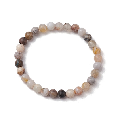 6mm Round Natural Bamboo Leaf Agate Beaded Stretch Bracelets for Women