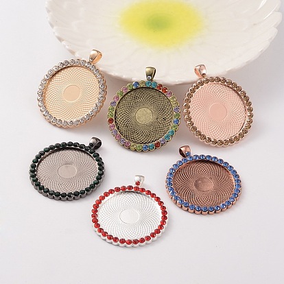 Flat Round Alloy Rhinestone Pendant Cabochon Settings, Cadmium Free & Lead Free, Picture Memory Frame Pendants, Tray: 35mm, 53x44x4mm, Hole: 4x7mm, 26pcs/bag