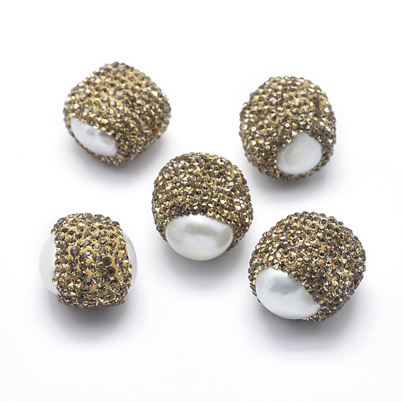 Natural Freshwater Pearl Beads, with Polymer Clay Rhinestone,  Round