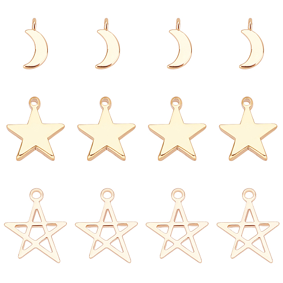 36Pcs 3 Style Brass Pendants, Loops, Star & Moon & Hollow Star