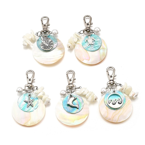 Подвесные украшения из натуральных пресноводных ракушек, с подвесками из сплава морских животных и натуральными белыми ракушечными бусинами и подвесками из ракушек капиз, плоско-круглые