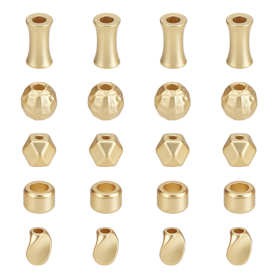 20Pcs 5 Style Brass Beads, Long-Lasting Plated, Matte Style, Bamboo Stick & Rondelle & Round & Twist Oval & Star Cut Round