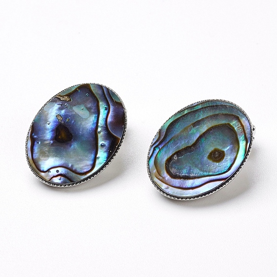 Natural Abalone Shell/Paua ShellOval Clip-on Earrings, with Brass Findings, Platinum