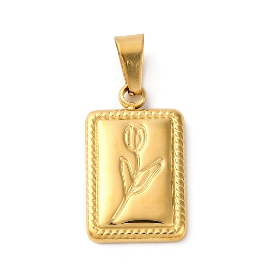 304 подвески из нержавеющей стали для ожерелий, прямоугольник с цветочным узором подвески