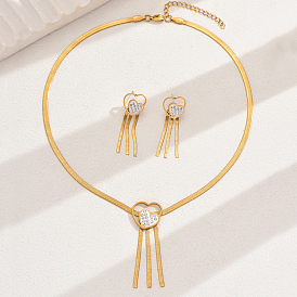 Elegant Vintage Rhinestone Jewelry Set, Heart Pendant Necklace & Earring