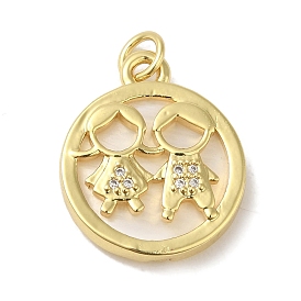 Rack Plating Brass Micro Pave Cubic Zirconia Pendants, with Shell, Cadmium Free & Lead Free, Long-Lasting Plated, Flat Round with Boy and Girl, with Jump Ring