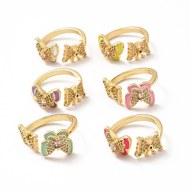 Cubic Zirconia Butterfly Open Cuff Ring with Enamel, Real 18K Gold Plated Brass Jewelry for Women, Lead Free & Cadmium Free