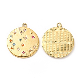 Vacuum Plating 201 Stainless Steel with Rhinestone Pendants, Flat Round Charms, Real 18K Gold Plated