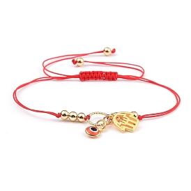Braided Bracelets, Red String Bracelets, with Nylon Thread, Handmade Evil Eye Lampwork Charms & Hamsa Hand Brass Pendants & Brass Linking Rings