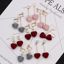 Asymmetric Earrings with Velvet Peach Heart and Pearl - Sweet and Elegant