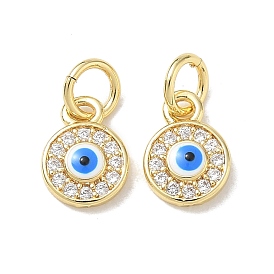 Brass Micro Pave Clear Cubic Zirconia Charms, with Blue Enamel, Flat Round with Evil Eye Charms, Long-Lasting Plated, Rack Plating, Lead Free & Cadmium Free