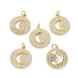 Brass Micro Pave Clear Cubic Zirconia Pendants, with Jump Ring, Long-Lasting Plated, Flat Round with Hollow Out Moon