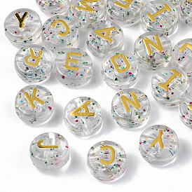 Transparent Acrylic Beads, Horizontal Hole, with Glitter Powder, Metal Enlaced, Flat Round with Letters