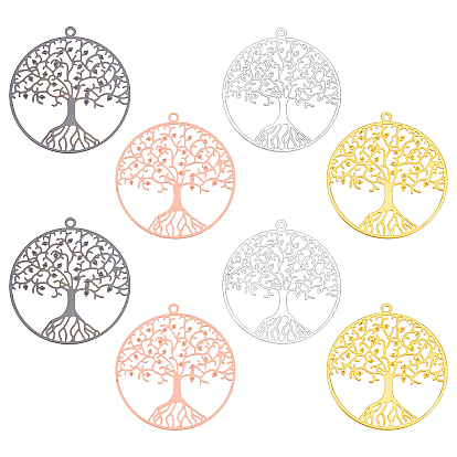 8Pcs 4 Colors Filigree Tree of Life Brass Pendants