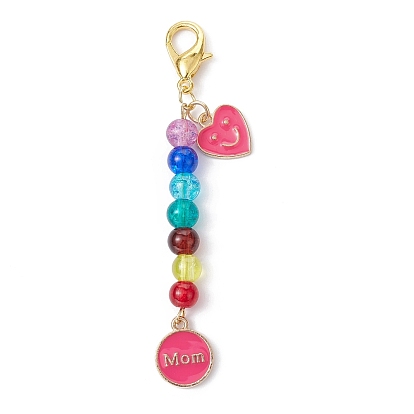 Mother's Day Flat Round with Word Mom & Heart Alloy Enamel Pendant Decorations, Glass Beads and Lobster Claw Clasps Charm
