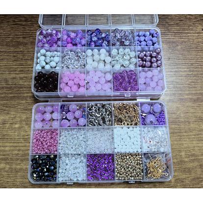 Kits de fabrication de boucles d'oreilles bricolage, y compris des perles en acrylique, des perles de verre, des perles de rocaille et des perles en pierres précieuses, cadres de perles en plastique ccb, Crochets d'oreille en laiton
