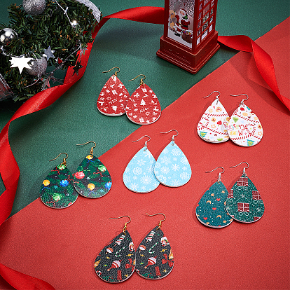 SUPERFINDINGS DIY 12Pairs Christmas Themed PU Leather Earring Making Kits, Including 24Pcs Teardrop Big Pendants, Brass Earring Hooks & Jump Rings