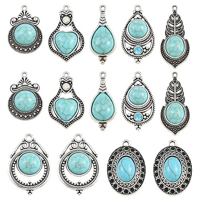14Pcs 7 Styles Tibetan Style Zinc Alloy Pendants, with Acrylic Imitation Synthetic Turquoise