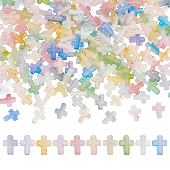 200 Stück 10 Farben Farbverlauf transparente Acrylperlen, mit goldener Folie, Kreuz