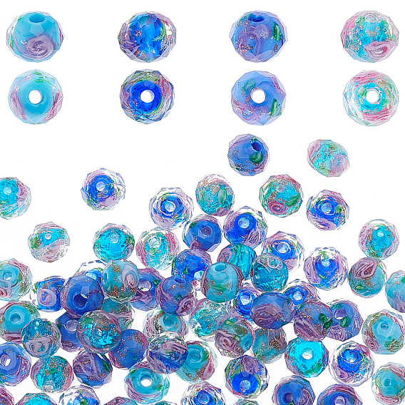 64Pcs 4 Colors Handmade Gold Sand Lampwork Beads, Inner Flower, Faceted Rondelle