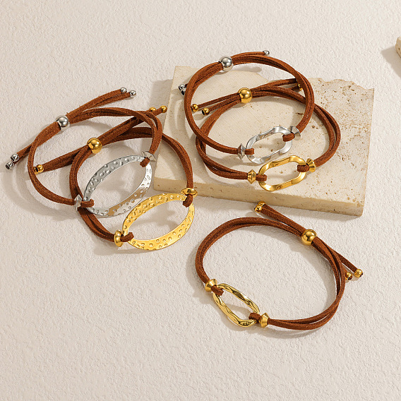 Bracelets coulissants ajustables en acier inoxydable texturé, maillons ovales, imitation daim., chocolat
