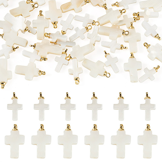 40Pcs 2 Styles Natural Freshwater Shell Cross Charms with Brass Bails, Golden