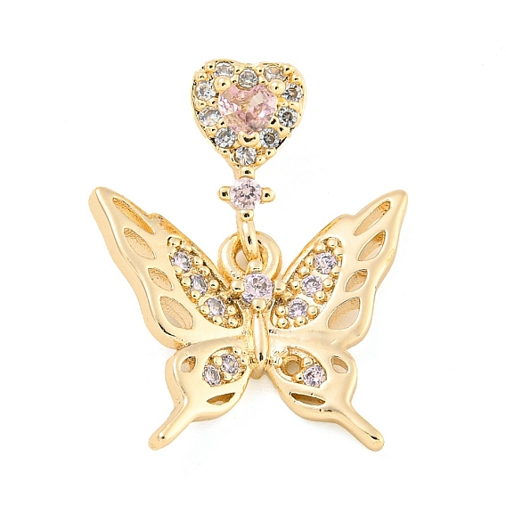Покрытие стойки латунь микропаве прозрачные подвески из кубического циркония, долговечный, без свинца и без кадмия, Бабочка с сердцем, розовые