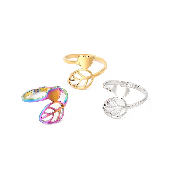 304 регулируемое кольцо из нержавеющей стали в форме сердца и листьев для женщин