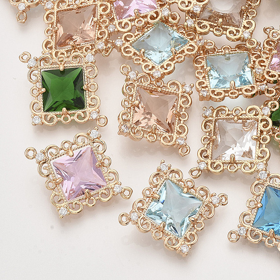 Соединители звеньев граненого стекла, с золотистыми латунными тонами, открытой спинкой и стразами, ромб