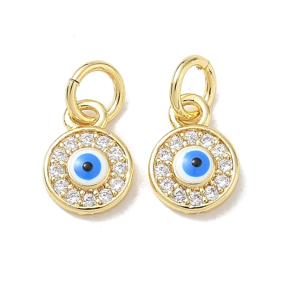 Brass Micro Pave Clear Cubic Zirconia Charms, with Blue Enamel, Flat Round with Evil Eye Charms, Long-Lasting Plated, Rack Plating, Lead Free & Cadmium Free