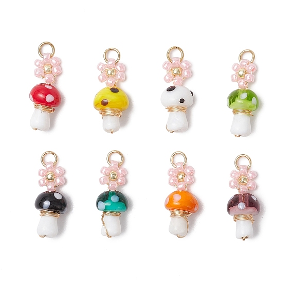 Подвески из меди ручной работы в технике лэмпворк, цветок с грибом, со стеклянными бусинами и 304 соединительным кольцом из нержавеющей стали, с целью перехода в кольце