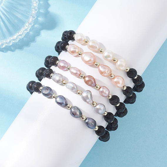 Браслеты из натуральных бусин из лавы и культивированного пресноводного жемчуга для женщин, с Гальваническим немагнитных синтетическими гематита бисера