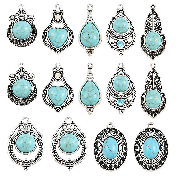 14Pcs 7 Styles Tibetan Style Zinc Alloy Pendants, with Acrylic Imitation Synthetic Turquoise
