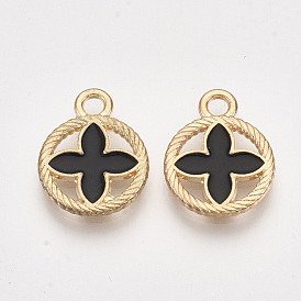 Alloy Pendants, Cadmium Free & Lead Free, with Enamel, Flat Round with Flower, Light Gold