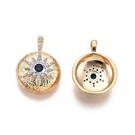 Flat Round with Star Brass Micro Pave Clear Cubic Zirconia Pendants, with Glass, Nickel Free