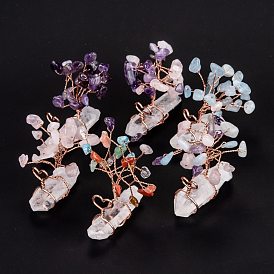 Natural Quartz Crystal Tress Display Decorations, with Natural Mixed Stone Chip Beads and Rose Gold Brass Branch