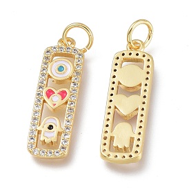 Brass Micro Pave Clear Cubic Zirconia Pendants, with Enamel & Jump Rings, Long-Lasting Plated, Rectangle with Hamsa Hand & Heart & Round