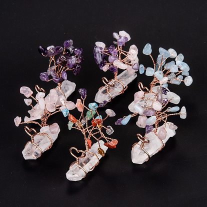 Украшения дисплея косы натурального кварца кристалла, с бусинами из натурального смешанного камня и ветвью из латуни из розового золота