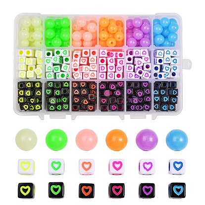 450pcs 18 Colors Opaque Acrylic European Beads, Large Hole Beads, Cube with Heart & Round