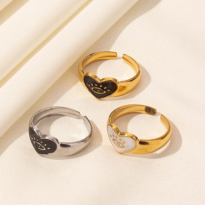 Винтаж 304 эмалированное кольцо-манжета из нержавеющей стали, сердце с глазом широкое открытое кольцо для женщин