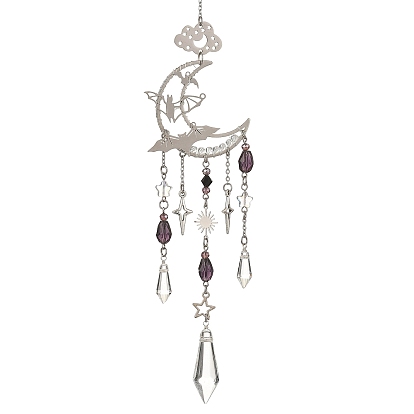 Atrapasueños de cuentas de acero inoxidable, latón y vidrio con forma de luna y murciélago de Halloween., Adornos cónicos para ventanas, prismas colgantes, atrapaluz, decoración