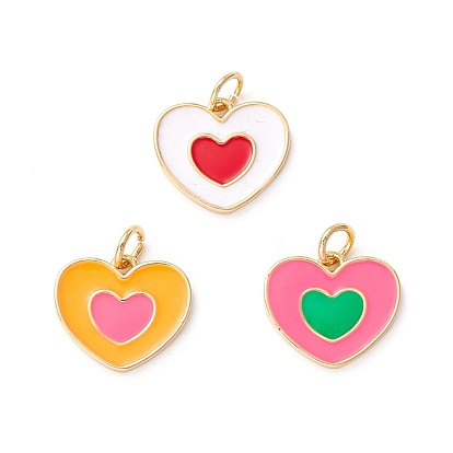 Brass Enamel Charms, with Jump Ring, Long-Lasting Plated, Real 18K Gold Plated, Lead Free & Cadmium Free & Nickel Free, Heart
